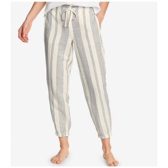 Eddie Bauer Linen Cotton Jogger Pants Striped White Blue Summer Sz 10 Pockets - Picture 1 of 5